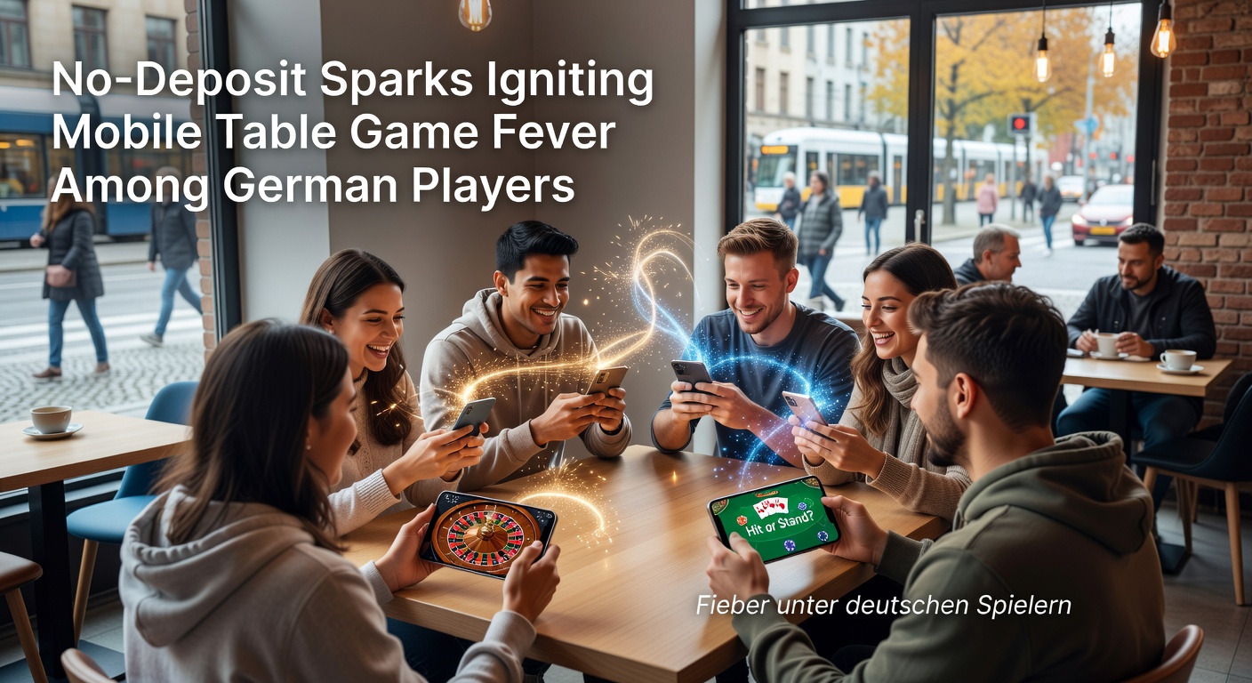 Deutscher Spieler mit Smartphone, das ein mobiles Blackjack-Spiel zeigt, mit No-Deposit-Bonus-Banner im Vordergrund