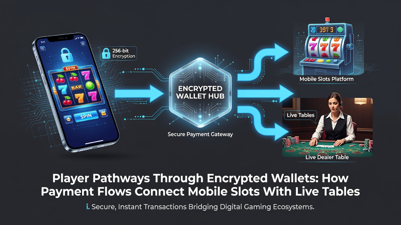 Flussdiagramm von Zahlungen über Wallets in mobilen Casino-Apps mit Fokus auf Slots und Live-Tische